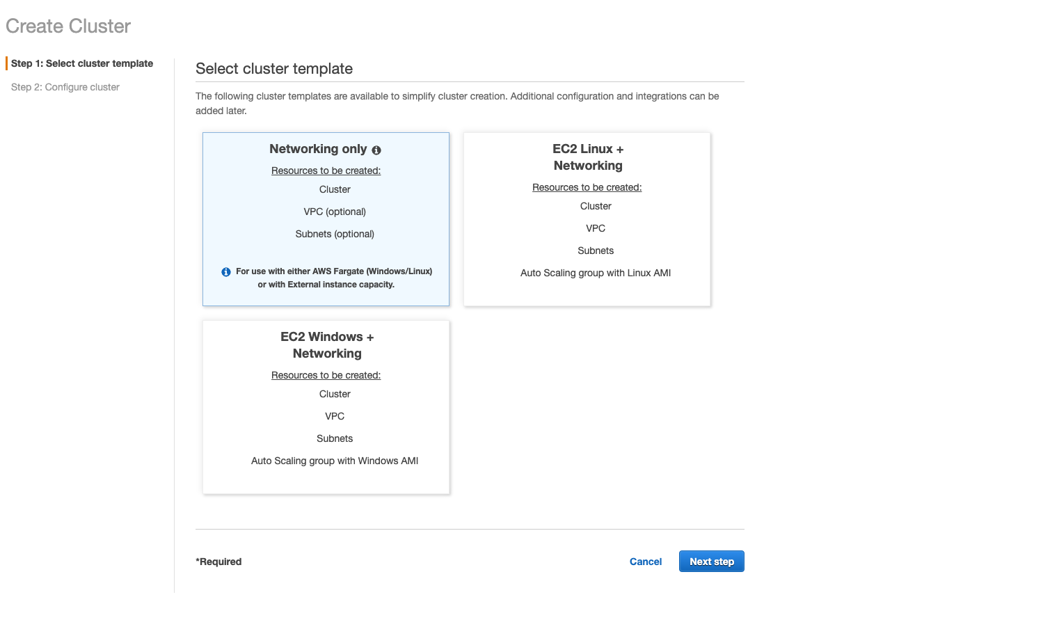 Creating Cluster in AWS ECS