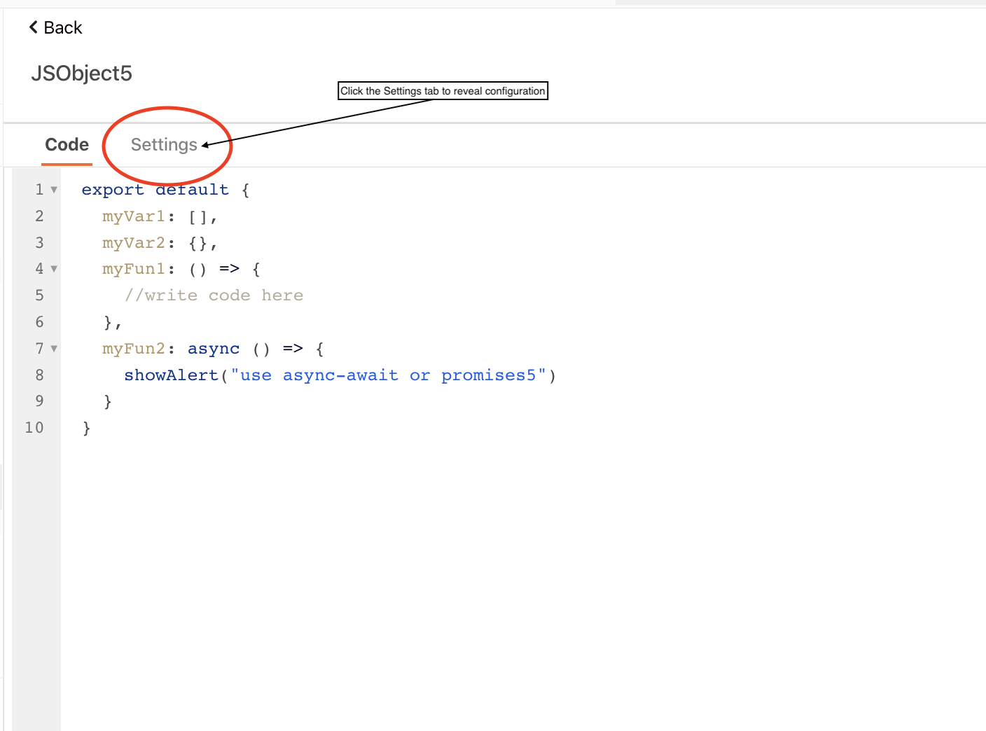 How to navigate to JS Object Settings for an asynchronous function?